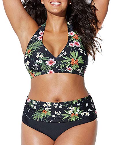 Joligiao Damen Bikini Set Plus Size Triangel Tiefem V Ausschnitt Neckholder Bauchweg Bikini Oberteil High Waist Push Up Bademode Groß Größe Badeanzug (Grün,XL) von Joligiao