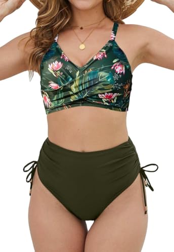 Joligiao Damen Bikini Set Push Up Bauchweg Badeanzüge Hoher Taille Zweiteiliger Badeanzug V Ausschnitt Bikini Cross Back Bademode Bauchkontrolle Bikin-Sets Kordelzug Side Swimsuit(Grün,L) von Joligiao