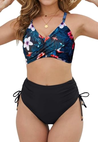 Joligiao Damen Bikini Set Push Up Bauchweg Badeanzüge Hoher Taille Zweiteiliger Badeanzug V Ausschnitt Bikini Cross Back Bademode Bauchkontrolle Bikin-Sets Kordelzug Side Swimsuit(Marineblau,M) von Joligiao