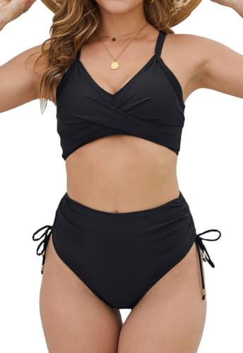 Joligiao Damen Bikini Set Push Up Bauchweg Badeanzüge Hoher Taille Zweiteiliger Badeanzug V Ausschnitt Bikini Cross Back Bademode Bauchkontrolle Bikin-Sets Kordelzug Side Swimsuit(Schwarz,S) von Joligiao