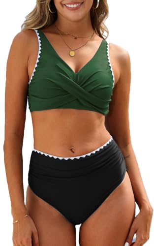 Joligiao Damen Bikini Set Push Up Bauchweg Badeanzüge V Ausschnitt Bikini Sommer Hoher Taille mit Muschelkante Bademode Bauchkontrolle Bikin-Sets Zweiteiler Swimsuit Strandkleidung(Dunkelgrün,XL) von Joligiao
