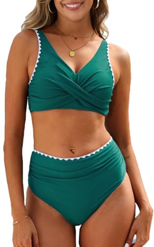 Joligiao Damen Bikini Set Push Up Bauchweg Badeanzüge V Ausschnitt Bikini Sommer Hoher Taille mit Muschelkante Bademode Bauchkontrolle Bikin-Sets Zweiteiler Swimsuit Strandkleidung(Grün,L) von Joligiao