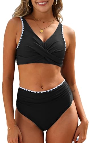 Joligiao Damen Bikini Set Push Up Bauchweg Badeanzüge V Ausschnitt Bikini Sommer Hoher Taille mit Muschelkante Bademode Bauchkontrolle Bikin-Sets Zweiteiler Swimsuit Strandkleidung(Schwarz,M) von Joligiao