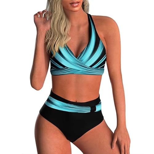 Joligiao Damen Bikini Set Retro Gedruckt Neckholder Rückenfrei Bikinioberteil Elegant Zweiteiliger Badeanzug Sexy Bikini Damen Push Up Bikini Set Mehrfarbig M von Joligiao