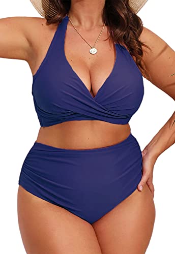 Joligiao Damen Bikini Set Triangel Tiefem V Ausschnitt Bauchweg Groß Größe Badeanzug Neckholder Bikini Oberteil High Waist Push Up Bademode Plus Size Badeanzug(Blau,3XL) von Joligiao