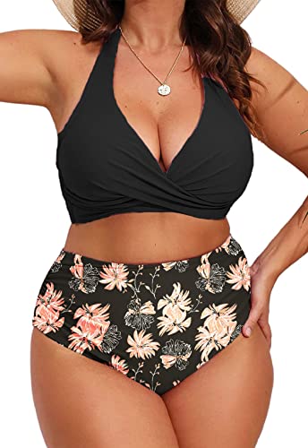 Joligiao Damen Bikini Set Triangel Tiefem V Ausschnitt Bauchweg Groß Größe Badeanzug Neckholder Bikini Oberteil High Waist Push Up Bademode Plus Size Badeanzug(Rosa,4XL) von Joligiao