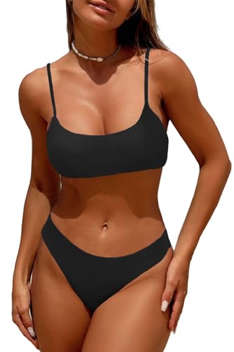 Joligiao Damen Bikini Set U Ausschnitt Push Up Bademode Gerippte Textur Sport Bikini High Waist Tanga mit Niedriger Zweiteiliger Badeanzug Swimsuit Badebekleidung Beachwear(Schwarz,L) von Joligiao