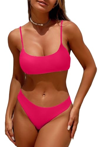 Joligiao Damen Bikini Set U Ausschnitt Push Up Bademode Gerippte Textur Sport Bikini High Waist Tanga mit Niedriger Zweiteiliger Badeanzug Swimsuit Badebekleidung Beachwear(heißes Rosa,L) von Joligiao