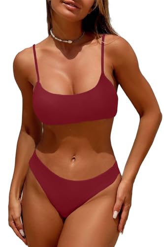 Joligiao Damen Bikini Set U Ausschnitt Push Up Bademode Gerippte Textur Sport Bikini High Waist Tanga mit Niedriger Zweiteiliger Badeanzug Swimsuit Badebekleidung Beachwear(weinrot,XL) von Joligiao