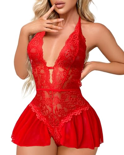 Joligiao Damen Dessous Negligee Spitze Negligee Babydoll Nachtwäsche Set mit V-Ausschnitt Nachtwäsche Set Offen Rückenfrei Nachtkleid Lingerie Sleepwear(Rot,S) von Joligiao