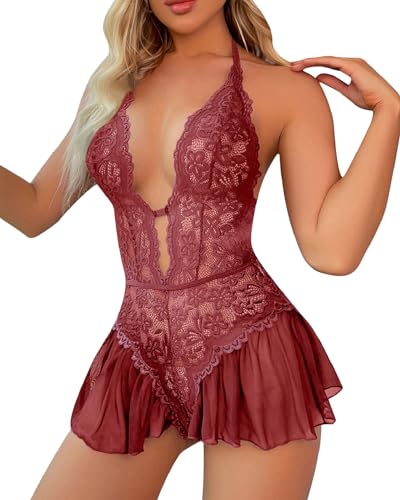 Joligiao Damen Dessous Negligee Spitze Negligee Babydoll Nachtwäsche Set mit V-Ausschnitt Nachtwäsche Set Offen Rückenfrei Nachtkleid Lingerie Sleepwear(weinrot,S) von Joligiao