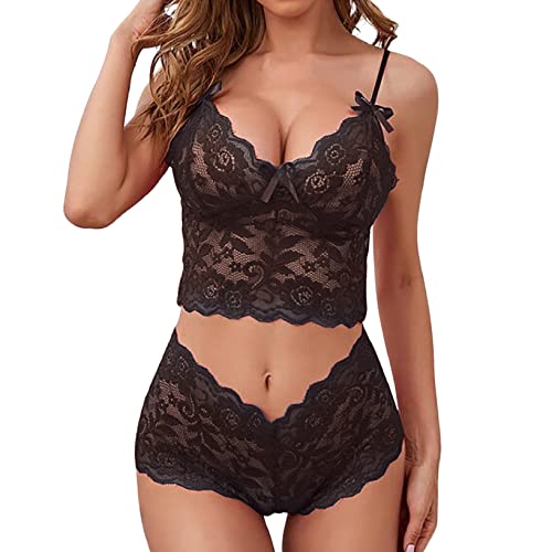 Joligiao Damen Dessous Set Sexy Unterwäsche Kleid Spitze Negligee hohler Spitzen Reizwäsche Push Up BH Krawatte Tanga Tiefer V-Ausschnitt Halfter Bodysuit Babydoll Lingerie,Schwarz,XL von Joligiao