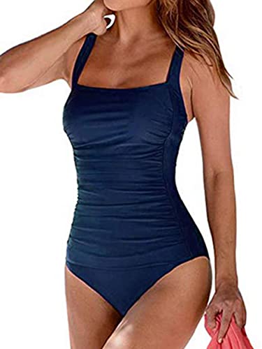 Joligiao Damen Einteilige Badeanzug Retro Bandeau Monokini Bademode Verstellbarer Strandbikinis Ruched Bauchweg Belly Kontrolle Badebekleidung Schwimmanzug für Frauen(Blau,M) von Joligiao