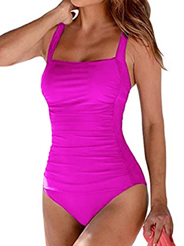 Joligiao Damen Einteilige Badeanzug Retro Bandeau Monokini Bademode Verstellbarer Strandbikinis Ruched Bauchweg Belly Kontrolle Badebekleidung Schwimmanzug für Frauen(Rosa,XL) von Joligiao