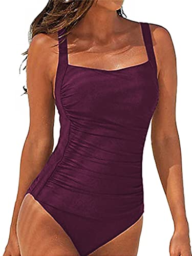 Joligiao Damen Einteilige Badeanzug Retro Bandeau Monokini Bademode Verstellbarer Strandbikinis Ruched Bauchweg Belly Kontrolle Badebekleidung Schwimmanzug für Frauen(Rot,L) von Joligiao