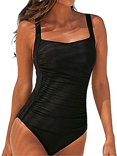 Joligiao Damen Einteilige Badeanzug Retro Bandeau Monokini Bademode Verstellbarer Strandbikinis Ruched Bauchweg Belly Kontrolle Badebekleidung Schwimmanzug für Frauen(Schwarz,S) von Joligiao