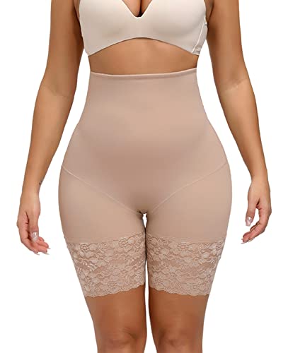 Joligiao Damen Figurenformend Hohe Taille Shapewear Anti-Chafing Miederpants Miederhose Bauch-Weg-Effekt Body Shape Shapewear Bauch Kontrolle Spitze Unterwäsche (Beige,L) von Joligiao