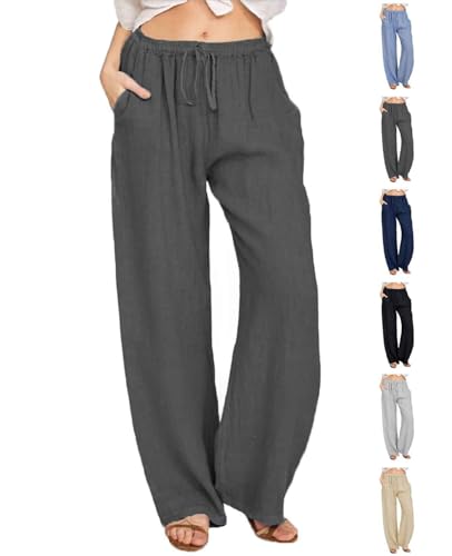 Joligiao Damen Freizeit Hose Länge Leinen Hosen Baumwolle Leinenhose mit Kordelzug und Taschen Casual Einfarbig Damen Hose Sommerhose Loose Freizeithose Jogginghose(Dunkelgrau,M) von Joligiao