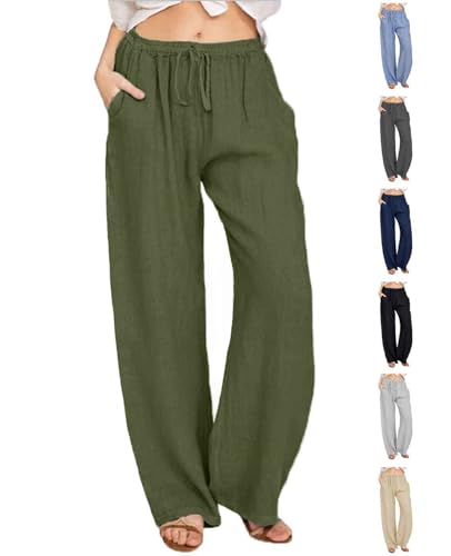 Joligiao Damen Freizeit Hose Länge Leinen Hosen Baumwolle Leinenhose mit Kordelzug und Taschen Casual Einfarbig Damen Hose Sommerhose Loose Freizeithose Jogginghose(Grün,XL) von Joligiao