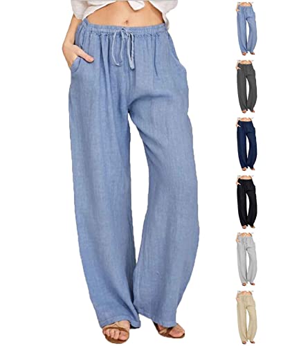 Joligiao Damen Freizeit Hose Länge Leinen Hosen Baumwolle Leinenhose mit Kordelzug und Taschen Casual Einfarbig Damen Hose Sommerhose Loose Freizeithose Jogginghose(Hellblau,S) von Joligiao