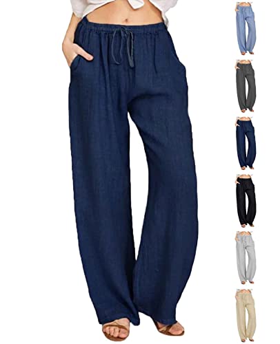 Joligiao Damen Freizeit Hose Länge Leinen Hosen Baumwolle Leinenhose mit Kordelzug und Taschen Casual Einfarbig Damen Hose Sommerhose Loose Freizeithose Jogginghose(Navyblau,L) von Joligiao