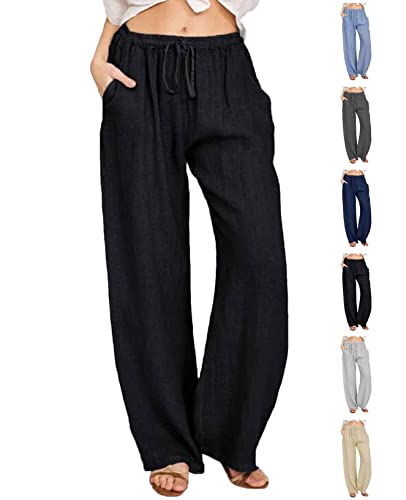 Joligiao Damen Freizeit Hose Länge Leinen Hosen Baumwolle Leinenhose mit Kordelzug und Taschen Casual Einfarbig Damen Hose Sommerhose Loose Freizeithose Jogginghose(Schwarz,L) von Joligiao