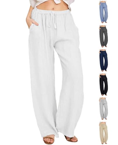 Joligiao Damen Freizeit Hose Länge Leinen Hosen Baumwolle Leinenhose mit Kordelzug und Taschen Casual Einfarbig Damen Hose Sommerhose Loose Freizeithose Jogginghose(Weiß,M) von Joligiao