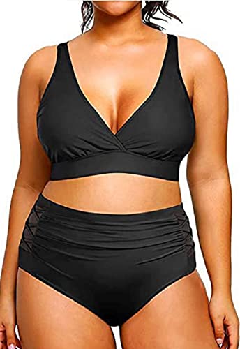 Joligiao Damen GroßE GrößEn Bikini Set Tiefer V Ausschnitt Sheer Mesh Zweiteiliger Badeanzug Mesh HöSchen Bikini Plus Size Bademode Swimsuit,Schwarz,XXL von Joligiao