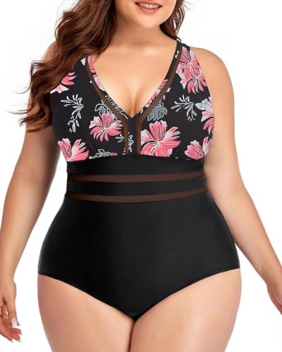 Joligiao Damen Große Größen Badeanzug V Ausschnitt Mesh Einteilige Plus Size Bademode Swimsuit Bauchkontrolle Hohe Taille Bademode mit Gepolsterte Push Up Badeanzug Rosa XL von Joligiao
