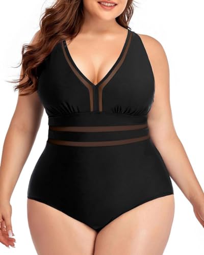 Joligiao Damen Große Größen Badeanzug V Ausschnitt Mesh Einteilige Plus Size Bademode Swimsuit Bauchkontrolle Hohe Taille Bademode mit Gepolsterte Push Up Badeanzug Rosa XL von Joligiao