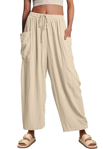 Joligiao Damen Hose Leinenhose 7/8 Lang Sommerhose Casual Loose Fit Freizeithose Baumwolle Leinen Freizeithose Lässige Stoffhose Elastische Taille Yogahose Haremshose Caprihose Strandhose(Beige,XXL) von Joligiao