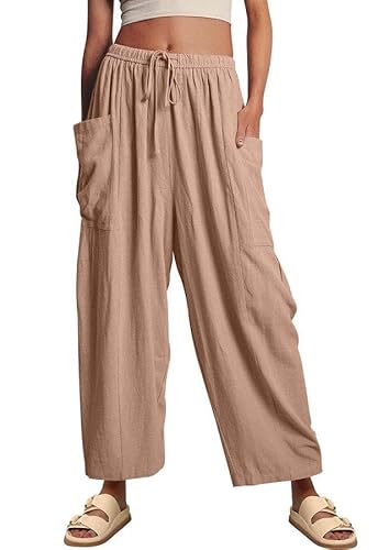 Joligiao Damen Hose Leinenhose 7/8 Lang Sommerhose Casual Loose Fit Freizeithose Baumwolle Leinen Freizeithose Lässige Stoffhose Elastische Taille Yogahose Haremshose Caprihose Strandhose(Braun,L) von Joligiao