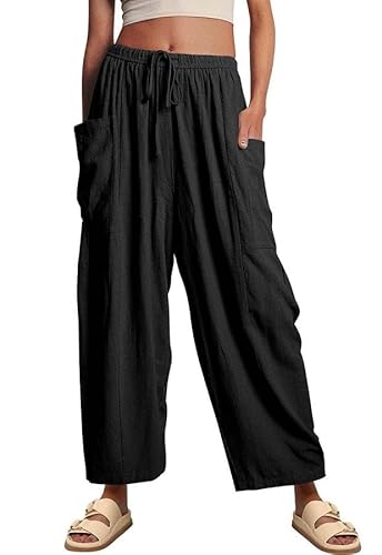 Joligiao Damen Hose Leinenhose 7/8 Lang Sommerhose Casual Loose Fit Freizeithose Baumwolle Leinen Freizeithose Lässige Stoffhose Elastische Taille Yogahose Haremshose Caprihose Strandhose(Schwarz,L) von Joligiao