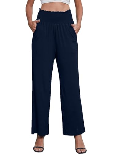 Joligiao Damen Hose Mit Weitem Bein Stretchige Lounge-Hose mit Hohe Taille und Taschen Cargohosen mit geradem Bein Freizeithosen Yogahosen Lange Freizeithosen Marineblau M von Joligiao