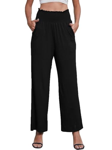 Joligiao Damen Hose Mit Weitem Bein Stretchige Lounge-Hose mit Hohe Taille und Taschen Cargohosen mit geradem Bein Freizeithosen Yogahosen Lange Freizeithosen Schwarz S von Joligiao