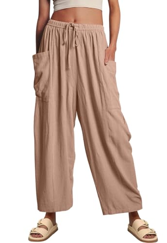 Joligiao Damen Hosen Sommer Leicht Casual Sommerhose Damenhose mit Weitem Bein Freizeithose Palazzo Hose Lässig Lockerer Kordelzug Hosen Hohe Taille Strandhose Haremshose mit Tunnelzug und Taschen von Joligiao