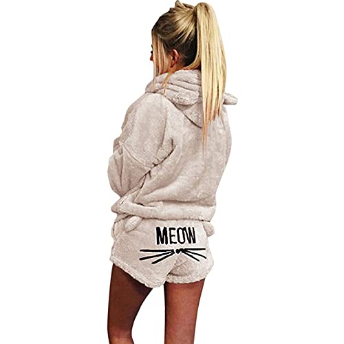 Joligiao Damen Katze Pyjamas Zweiteilige Nette Mädchen Meow Nachtwäsche Hoodie Pyjamas Langarm mit Kapuze Hosenanzug Schlafanzug Set Herbst Winter (Beige,M) von Joligiao