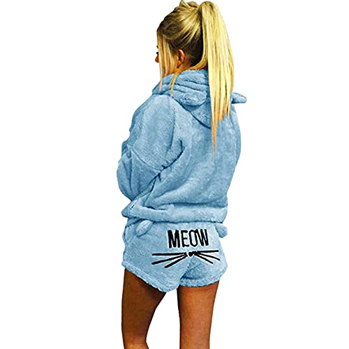Joligiao Damen Katze Pyjamas Zweiteilige Nette Mädchen Meow Nachtwäsche Hoodie Pyjamas Langarm mit Kapuze Hosenanzug Schlafanzug Set Herbst Winter (Blau,S) von Joligiao