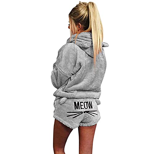 Joligiao Damen Katze Pyjamas Zweiteilige Nette Mädchen Meow Nachtwäsche Hoodie Pyjamas Langarm mit Kapuze Hosenanzug Schlafanzug Set Herbst Winter (Grau,M) von Joligiao