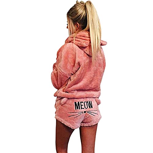 Joligiao Damen Katze Pyjamas Zweiteilige Nette Mädchen Meow Nachtwäsche Hoodie Pyjamas Langarm mit Kapuze Hosenanzug Schlafanzug Set Herbst Winter (Rosa,M) von Joligiao