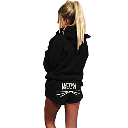 Joligiao Damen Katze Pyjamas Zweiteilige Nette Mädchen Meow Nachtwäsche Hoodie Pyjamas Langarm mit Kapuze Hosenanzug Schlafanzug Set Herbst Winter (Schwarz,L) von Joligiao