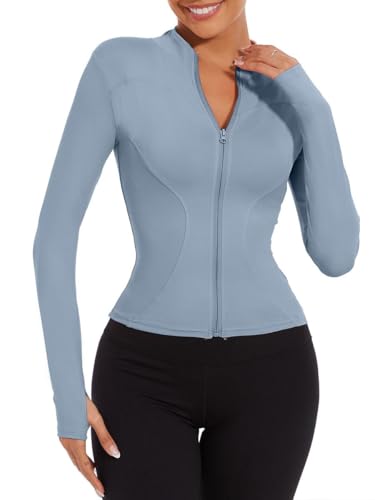 Joligiao Damen Laufjacke Atmungsaktive und Leicht Sportjacke Langarm Gym Tops Yoga Fitness Shirt Full Zip Trainingsjacke mit Daumenlöchern Slim Fit Sportjacke Für Yoga Fitness Blau XXL von Joligiao