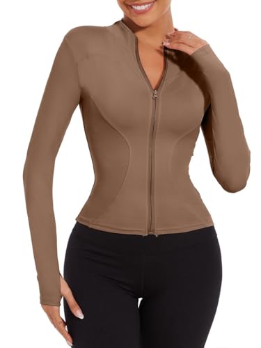 Joligiao Damen Laufjacke Atmungsaktive und Leicht Sportjacke Langarm Gym Tops Yoga Fitness Shirt Full Zip Trainingsjacke mit Daumenlöchern Slim Fit Sportjacke Für Yoga Fitness Braun XL von Joligiao