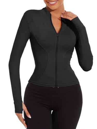 Joligiao Damen Laufjacke Atmungsaktive und Leicht Sportjacke Langarm Gym Tops Yoga Fitness Shirt Full Zip Trainingsjacke mit Daumenlöchern Slim Fit Sportjacke Für Yoga Fitness Schwarz M von Joligiao