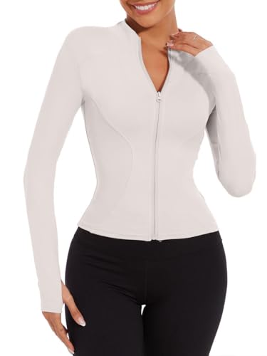 Joligiao Damen Laufjacke Atmungsaktive und Leicht Sportjacke Langarm Gym Tops Yoga Fitness Shirt Full Zip Trainingsjacke mit Daumenlöchern Slim Fit Sportjacke Für Yoga Fitness Weiß S von Joligiao