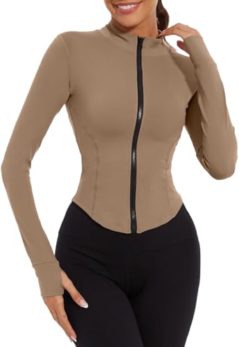 Joligiao Sportjacke Damen Laufjacke Slim Fit Atmungsaktive Langarm Yoga Shirt Damen Gym Top Fitness Jacke Hoher Kragen Sportshirt Trainingsjacke mit Reißverschluss und Daumenlöchern(Braun,S) von Joligiao