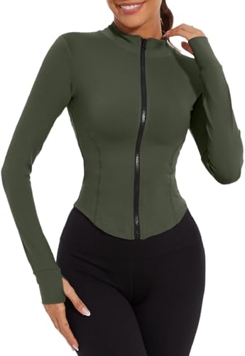Joligiao Sportjacke Damen Laufjacke Slim Fit Atmungsaktive Langarm Yoga Shirt Damen Gym Top Fitness Jacke Hoher Kragen Sportshirt Trainingsjacke mit Reißverschluss und Daumenlöchern(Grün,XL) von Joligiao