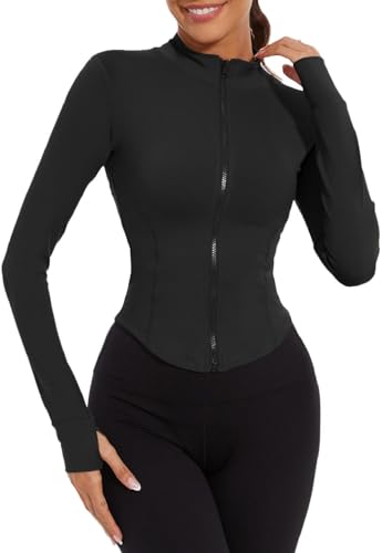 Joligiao Sportjacke Damen Laufjacke Slim Fit Atmungsaktive Langarm Yoga Shirt Damen Gym Top Fitness Jacke Hoher Kragen Sportshirt Trainingsjacke mit Reißverschluss und Daumenlöchern(Schwarz,S) von Joligiao