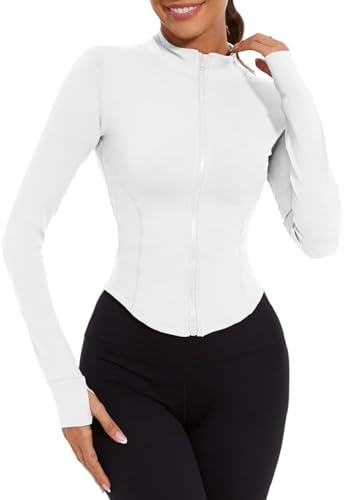 Joligiao Sportjacke Damen Laufjacke Slim Fit Atmungsaktive Langarm Yoga Shirt Damen Gym Top Fitness Jacke Hoher Kragen Sportshirt Trainingsjacke mit Reißverschluss und Daumenlöchern(Weiß,M) von Joligiao