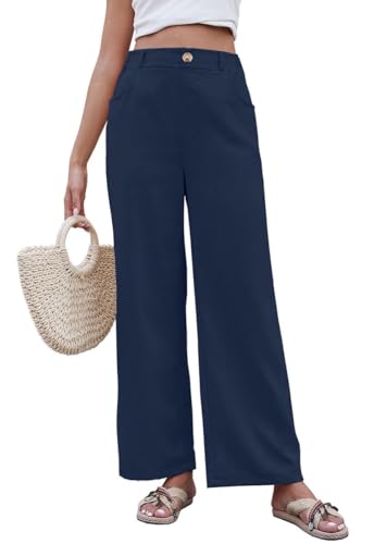 Joligiao Damen Leinenhose Sommer Hose Weites Bein Baumwolle Leinen Sommerhose Elastisch Hohe Taille Freizeithose Strandhose mit Taschen Casual Leichte Volle Länge Palazzo Hose Marineblau XL von Joligiao